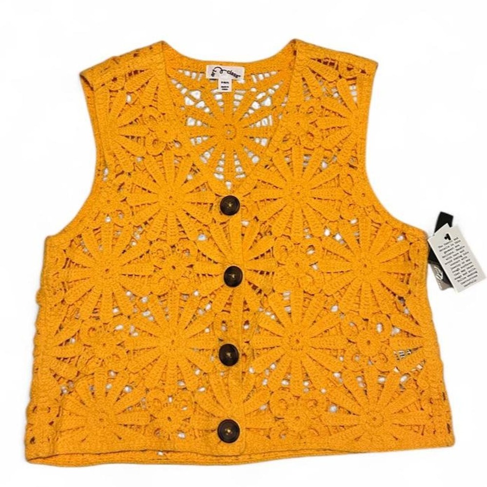 NEW Yellow Boho Crochet Vest with Brown Buttons